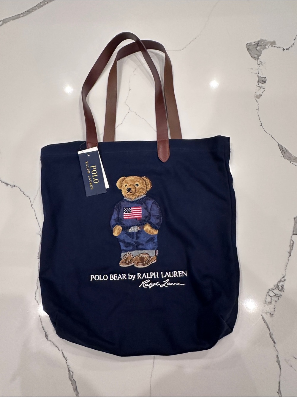 Polo Ralph Lauren Polo Bear Navy Tote Bag with Leather Shoulder Straps Navy NWT